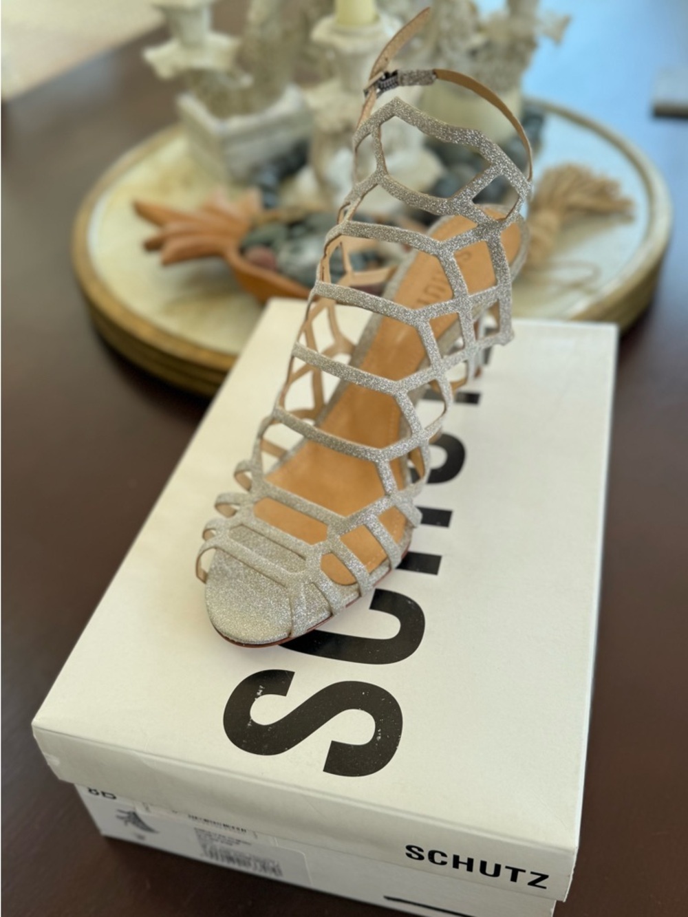SCHUTZ Silver Glitter Cage Heeled Sandals